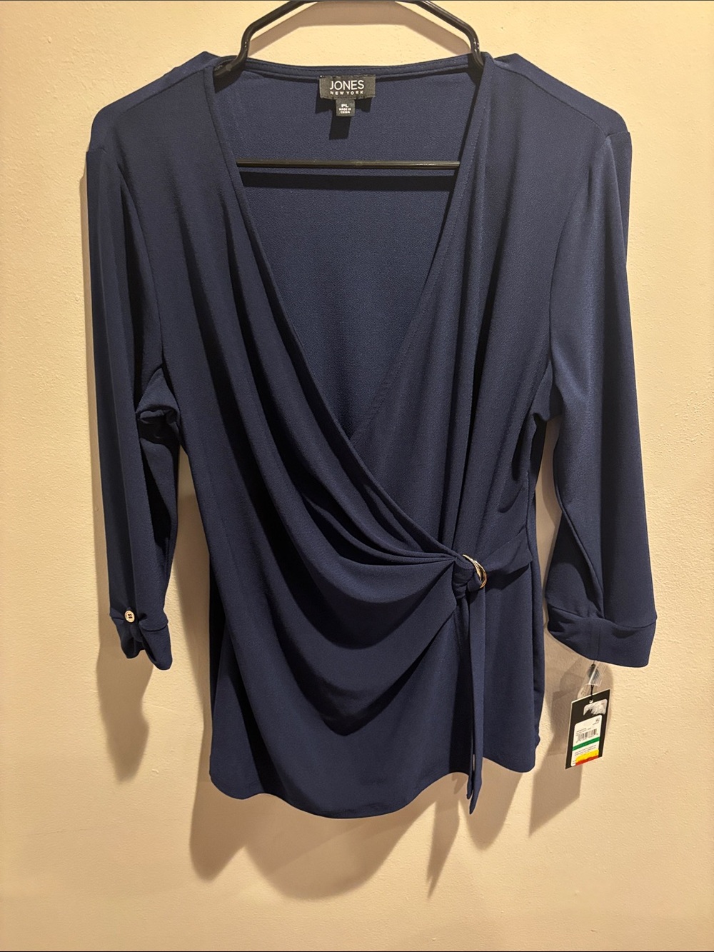 Jones New York Navy Draped Wrap-Style Blouse